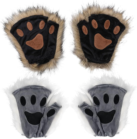 Therian Paws Black Gray Half Finger Realistic Fur Paw Gloves for Adults Kids Cosplay Compatible with Oral-B