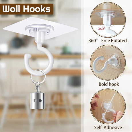 9 pcs Self-Adhesive Heavy Duty Plastic Ceiling Hooks White Compatible with Under Cabinet Hanging Tools