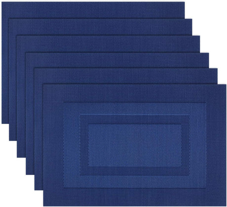 Washable Woven Vinyl Placemats Set of 6 for Dining Table, Navy Blue, 18 X 12 Inch, Easy to Clean Plastic