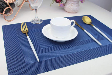 Washable Woven Vinyl Placemats Set of 6 for Dining Table, Navy Blue, 18 X 12 Inch, Easy to Clean Plastic