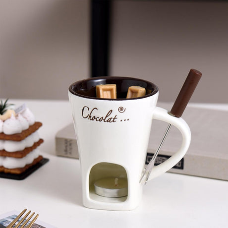 Ceramic Tealight Fondue Set for Chocolate and Dessert Melting Pot Beige