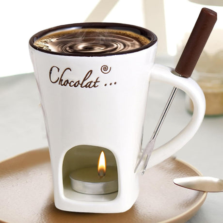 Ceramic Tealight Fondue Set for Chocolate and Dessert Melting Pot Beige
