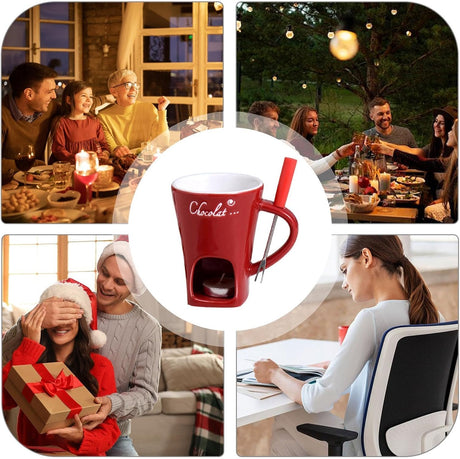 Tealight Fondue Set Ceramic Melting Pot for Chocolate Dessert Red