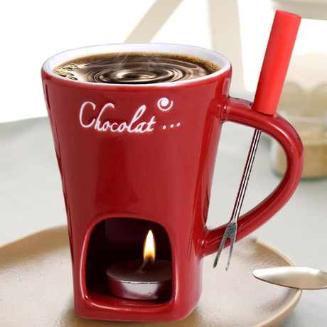 Tealight Fondue Set Ceramic Melting Pot for Chocolate Dessert Red