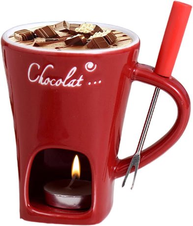 Tealight Fondue Set Ceramic Melting Pot for Chocolate Dessert Red