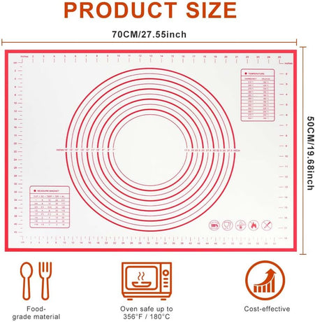 Silicone Rolling Pin 70x50cm Non-Stick Non-Slip Baking Mat for Cakes Pizza Red