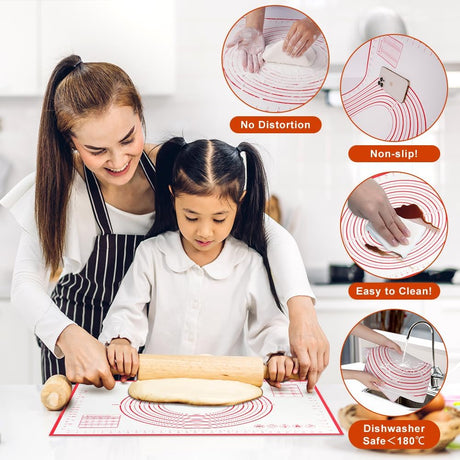 Silicone Rolling Pin 70x50cm Non-Stick Non-Slip Baking Mat for Cakes Pizza Red