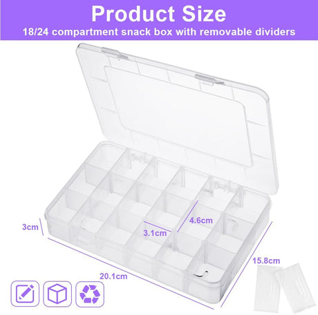 2 Pack Transparent 18-Compartment Adjustable Plastic Storage Box for Snacks Candy Nuts Jewelry with Lids