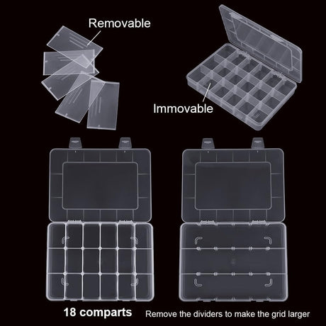 2 Pack Transparent 18-Compartment Adjustable Plastic Storage Box for Snacks Candy Nuts Jewelry with Lids