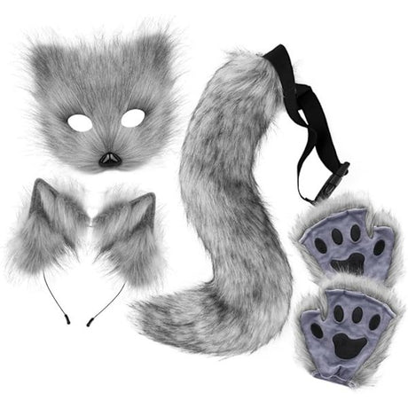 Fox Tail and Ears Cosplay Set with Cat Tail, Paw Gloves Gray for Halloween