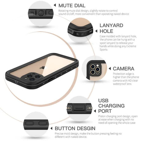 Waterproof Case for iPhone 15 14 13 12 11 Pro Max XS Max XR 7 8 with IP68 Protection for Diving Swimming Outdoor Sports Transparent Black