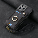 iPhone 13 Pro Leather Case Brown RFID Anti-Theft Swipe Loop Buckle with Card Holder and Leather Lanyard