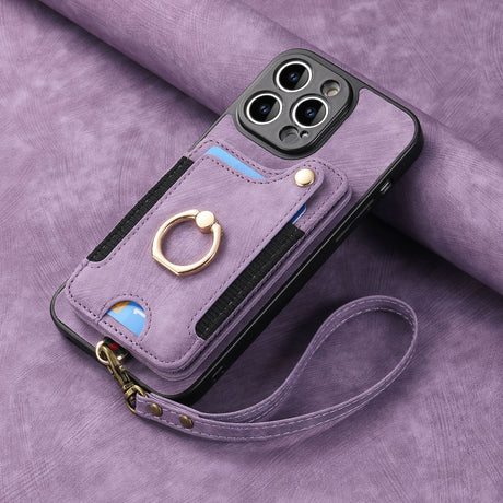 iPhone 13 Pro Leather Case Brown RFID Anti-Theft Swipe Loop Buckle with Card Holder and Leather Lanyard