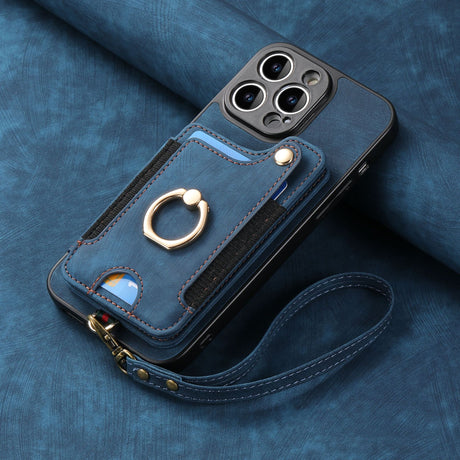 iPhone 13 Pro Leather Case Brown RFID Anti-Theft Swipe Loop Buckle with Card Holder and Leather Lanyard