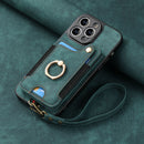 iPhone 13 Pro Leather Case Brown RFID Anti-Theft Swipe Loop Buckle with Card Holder and Leather Lanyard