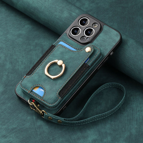 iPhone 13 Pro Leather Case Brown RFID Anti-Theft Swipe Loop Buckle with Card Holder and Leather Lanyard