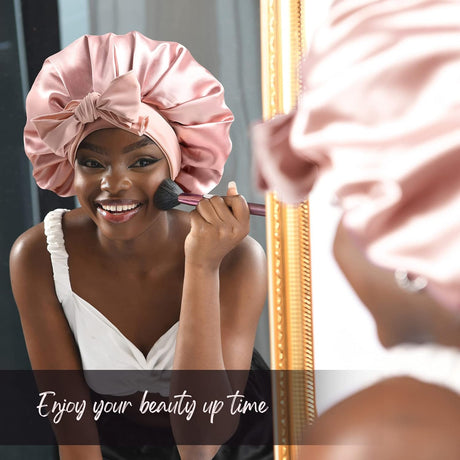 Silk Satin Bonnet for Sleep Double Layered with Ties for Women Natural Curly Hair Pink