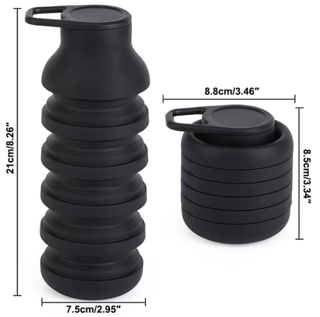 Collapsible Water Bottles, Reusable Water Bottle with Buckle, 600ml Silicone Leakproof Portable Bottle for Gym Camping Hiking Sports Outdoors, Travel Essentials for Flying Cruise Ship, Black