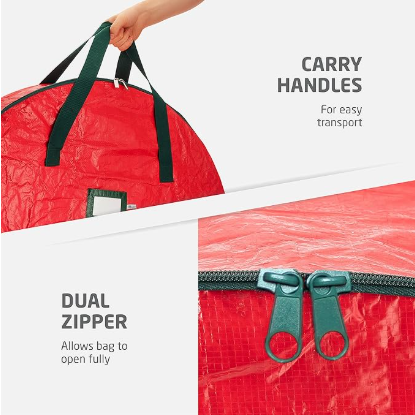 Christmas Wreath Storage Container 24 Inch - Wreath Bag for Artificial Wreaths Box - Dual Zippered Wreaths Storage Bag with Strong Durable Handles - Red