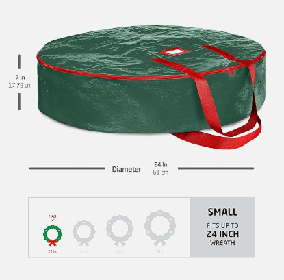 Christmas Wreath Storage Container 24 Inch - Wreath Bag for Artificial Wreaths Box - Dual Zippered Wreaths Storage Bag with Strong Durable Handles - Green