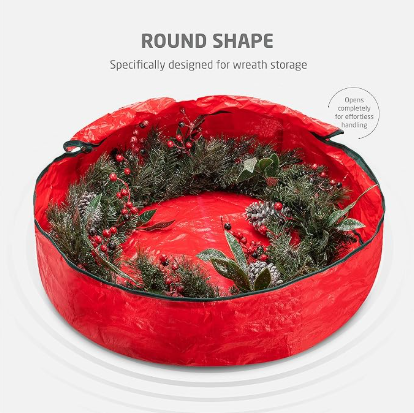 Christmas Wreath Storage Container 30 Inch - Wreath Bag for Artificial Wreaths Box - Dual Zippered Wreaths Storage Bag with Strong Durable Handles - Red