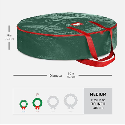 Christmas Wreath Storage Container 30 Inch - Wreath Bag for Artificial Wreaths Box - Dual Zippered Wreaths Storage Bag with Strong Durable Handles - Green