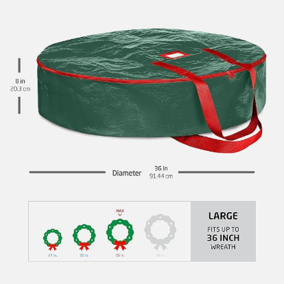 Christmas Wreath Storage Container 36 Inch - Wreath Bag for Artificial Wreaths Box - Dual Zippered Wreaths Storage Bag with Strong Durable Handles - Green