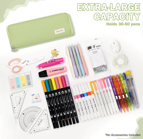 Large Capacity Pencil Case 3 Compartment Pouch Pen Bag for School Teen Girl Boy Men Women (Green)