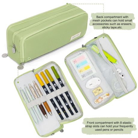 Large Capacity Pencil Case 3 Compartment Pouch Pen Bag for School Teen Girl Boy Men Women (Green)