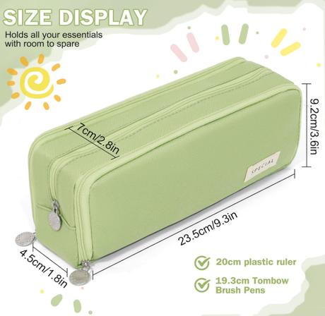 Large Capacity Pencil Case 3 Compartment Pouch Pen Bag for School Teen Girl Boy Men Women (Green)