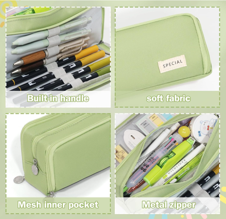 Large Capacity Pencil Case 3 Compartment Pouch Pen Bag for School Teen Girl Boy Men Women (Green)