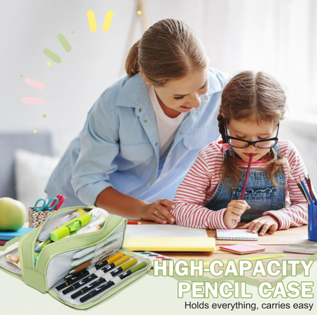 Large Capacity Pencil Case 3 Compartment Pouch Pen Bag for School Teen Girl Boy Men Women (Green)
