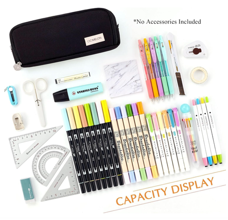 Large Capacity Pencil Case 3 Compartment Pouch Pen Bag for School Teen Girl Boy Men Women (Black)