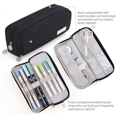 Large Capacity Pencil Case 3 Compartment Pouch Pen Bag for School Teen Girl Boy Men Women (Black)
