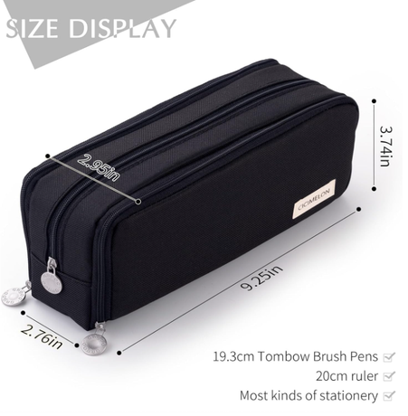 Large Capacity Pencil Case 3 Compartment Pouch Pen Bag for School Teen Girl Boy Men Women (Black)