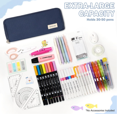 Large Capacity Pencil Case 3 Compartment Pouch Pen Bag for School Teen Girl Boy Men Women (Navy)