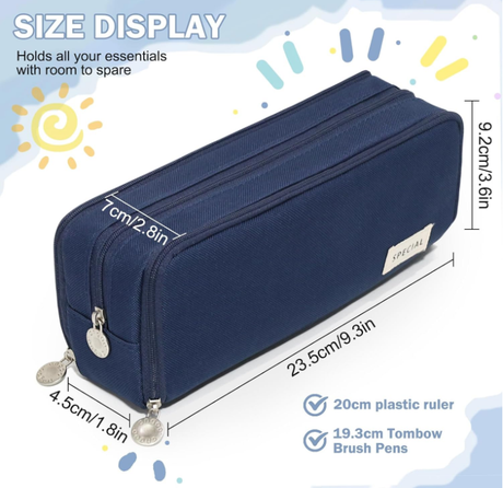 Large Capacity Pencil Case 3 Compartment Pouch Pen Bag for School Teen Girl Boy Men Women (Navy)
