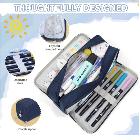 Large Capacity Pencil Case 3 Compartment Pouch Pen Bag for School Teen Girl Boy Men Women (Navy)