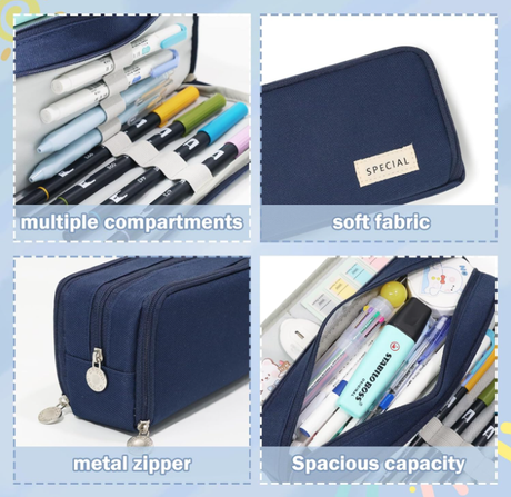 Large Capacity Pencil Case 3 Compartment Pouch Pen Bag for School Teen Girl Boy Men Women (Navy)