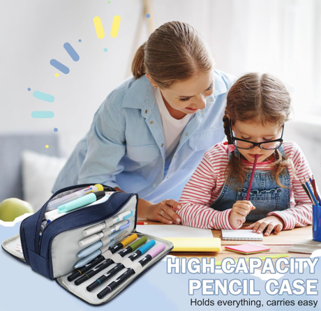 Large Capacity Pencil Case 3 Compartment Pouch Pen Bag for School Teen Girl Boy Men Women (Navy)