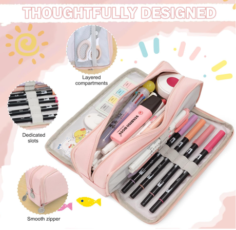 Large Capacity Pencil Case 3 Compartment Pouch Pen Bag for School Teen Girl Boy Men Women (Pink)