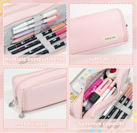 Large Capacity Pencil Case 3 Compartment Pouch Pen Bag for School Teen Girl Boy Men Women (Pink)
