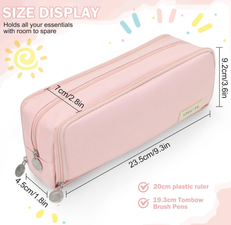 Large Capacity Pencil Case 3 Compartment Pouch Pen Bag for School Teen Girl Boy Men Women (Pink)
