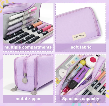 Large Capacity Pencil Case 3 Compartment Pouch Pen Bag for School Teen Girl Boy Men Women (Purple)