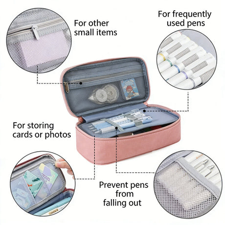Pencil Case Pen Bag, Two Layers Big Capacity Pencil Pouch Pen Organizer Durable Stationery Holder for Marker Organization School Supplies Office Storage Desk Organizing –Gray