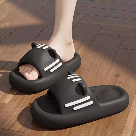 Women’s Slides Cute Bathroom Slippers Non-Slip Cartoon Cat Shaped Indoor Outdoor Summer Slippers（black，40-41）