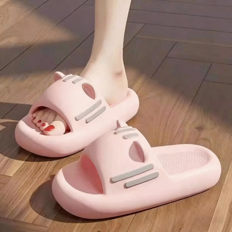Women’s Slides Cute Bathroom Slippers Non-Slip Cartoon Cat Shaped Indoor Outdoor Summer Slippers（pink，38-39）