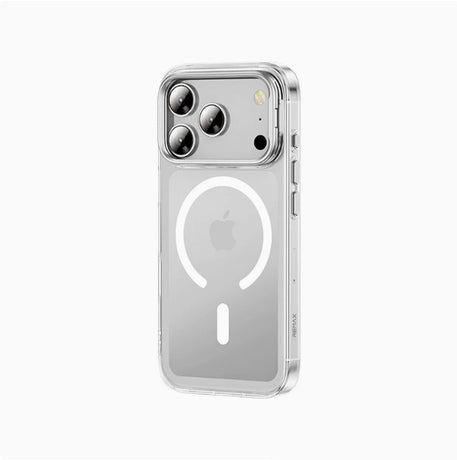 A phone case for iPhone 17 Pro Max with a stand and camera control cover, MagSafe compatible, shockproof magnetic case, and scratch-resistant (silver).