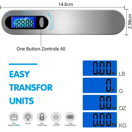 Travel Luggage Scale, Portable Digital Luggage Scale Max 50Kg/110Lb (Lb,G,Oz,Kg) Scale With Hook For