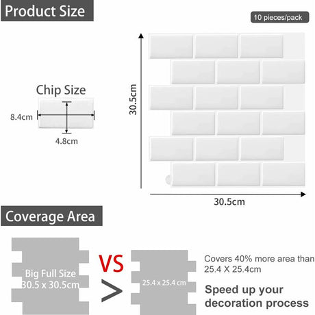 10 pcs White 3D Wall Tile Sticker Kitchen Bathroom (30.5X 30.5Cm)
